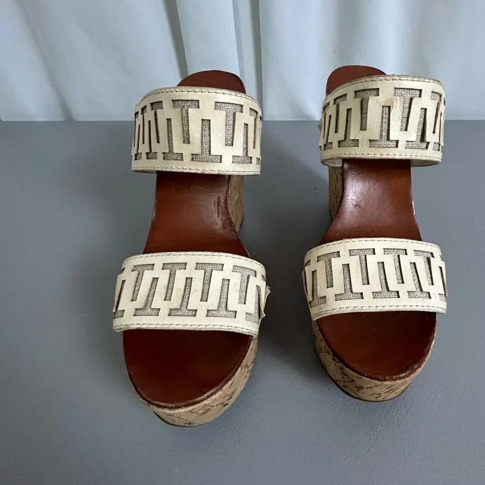 Tory Burch Tan and Cream Wedge Sandals size 8M - Picture 3 of 11